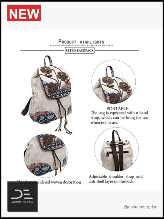 Vintage Boho Drawstring Backpack Purse Hand-Embroidered Canvas Travel Bag main image 5